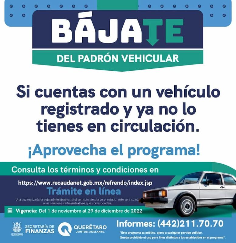 Secretaría de Finanzas extiende programa Bájate del Padrón Vehicular en Querétaro