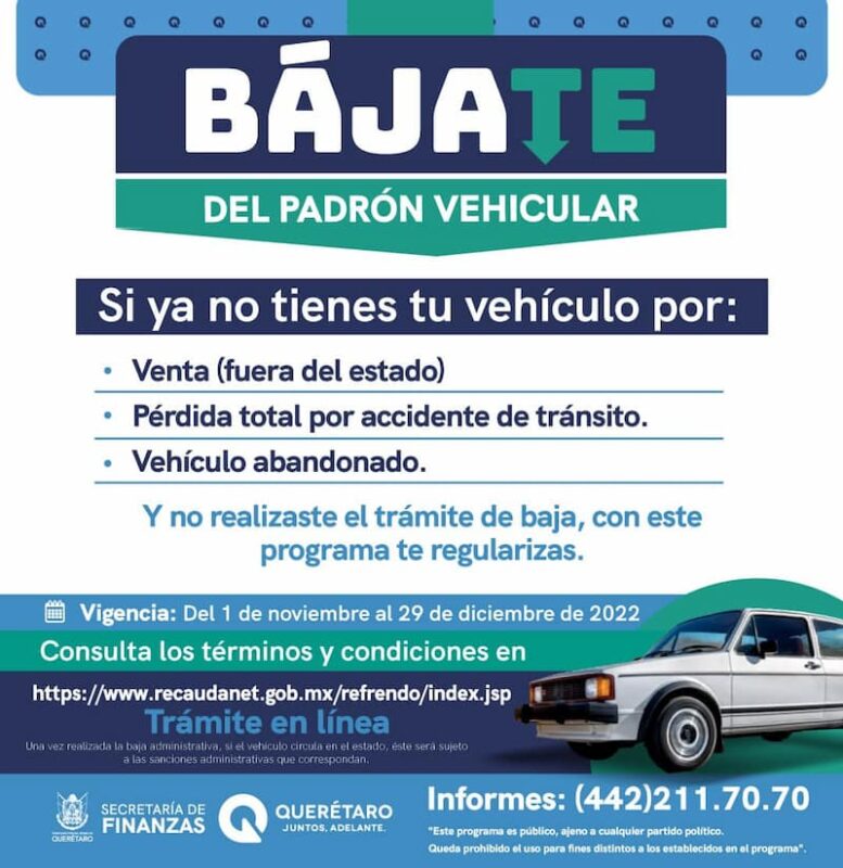 Secretaría de Finanzas extiende programa Bájate del Padrón Vehicular en Querétaro